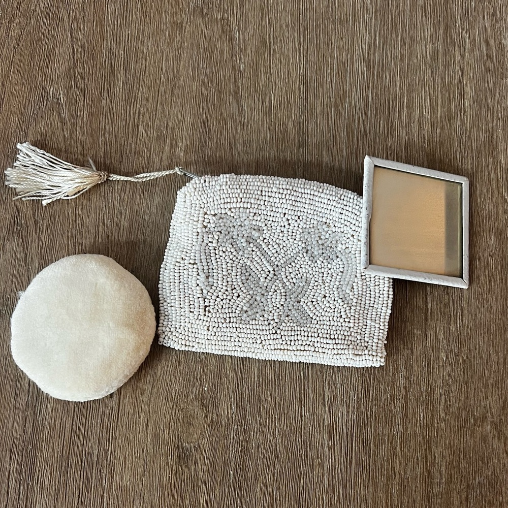 Boho White Beaded Coin Purse w/ Mirror & Powder Puff | Vintage Vanity Pouch
